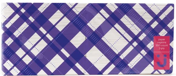 Two-ply napkins in purple and white plaid package