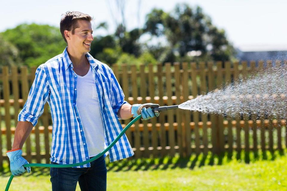Man in blue checked shirt watering his lawn on a sunny day