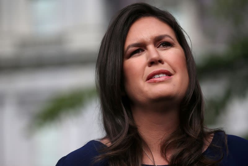 U.S. White House Press Secretary Sarah Huckabee Sanders speaks with the news media