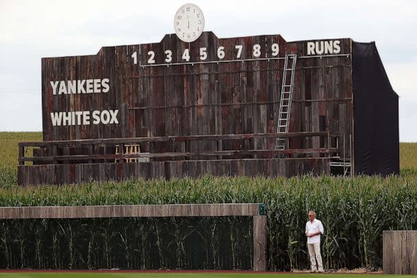 PHOTO: Actor Kevin Costner walks onto the field prior to a game between the Chicago White Sox and the New York Yankees at the Field of Dreams, Aug. 12, 2021, in Dyersville, Iowa. (Stacy Revere/Getty Images, FILE)