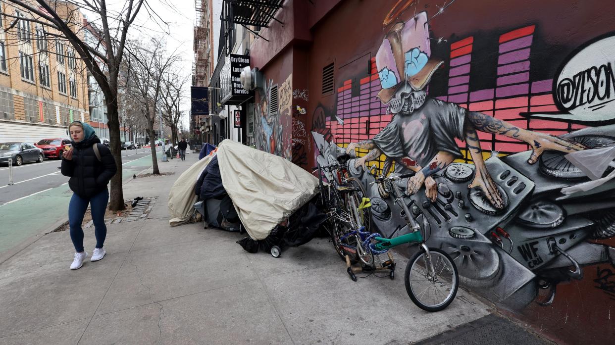 A homeless encampment in downtown Manhattan, New York.