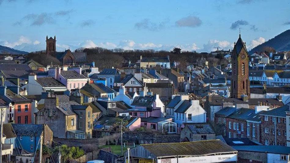 Multicoloured roof tops of houses in a Manx village