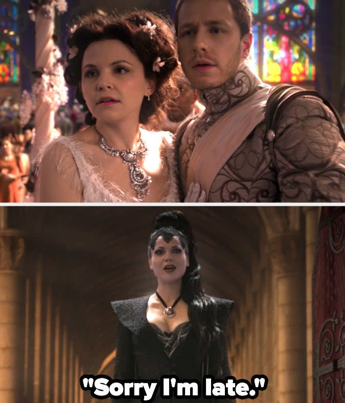 Prince Charming and Snow look up in alarm at their wedding. The Evil Queen has entered, saying "Sorry I'm late"