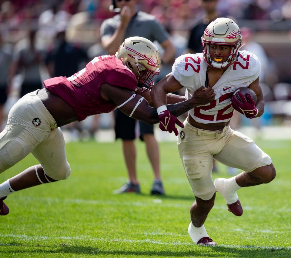 Florida State Seminoles running back CJ Campbell (22) makes his way down the field. Seminole fans watched as the Florida State football team hosted the FSU Garnet and Gold Spring Showcase on Saturday, April 15, 2023. 