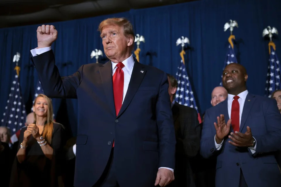 Tim Scott appears with Donald Trump t the State Fairgrounds on February 24, 2024 in Columbia, South Carolina (Getty Images)