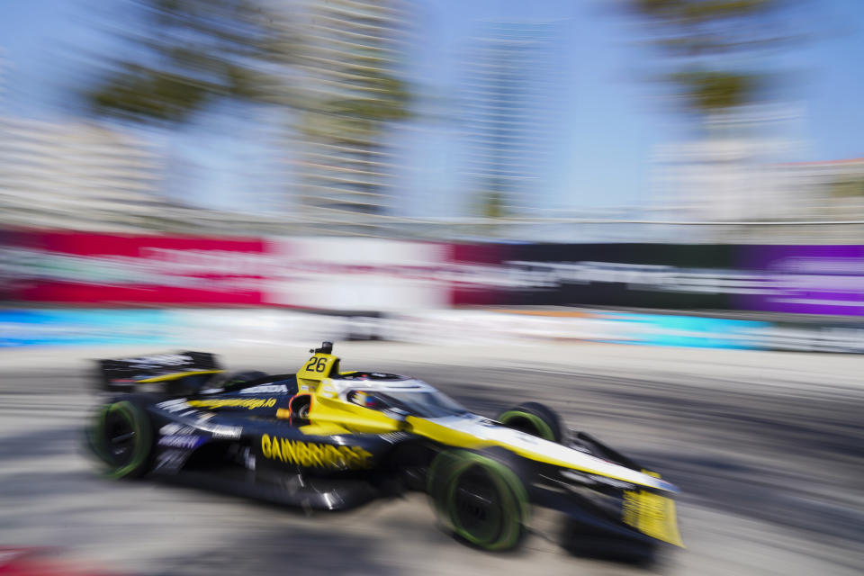 Andretti Global with Curb-Agajanian driver Colton Herta races during the IndyCar Grand Prix of Long Beach auto race Sunday, April 21, 2024, in Long Beach, Calif. (AP Photo/Ryan Sun)