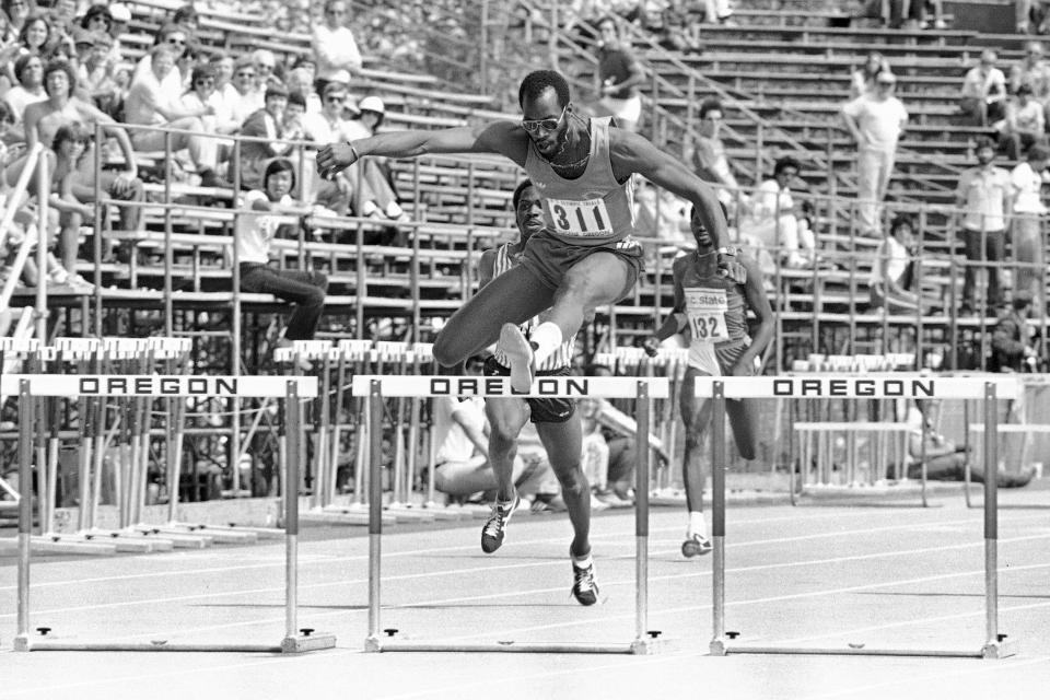 FILE - In this June 21, 1980, file photo, Edwin Moses, gold medal winner in 1976 in Montreal, wins in the 400 intermediate hurdles as the 1980 Olympic trials in Eugene, Ore. Moses, the man who once won a remarkable 107 finals in a row from 1977-87 and who lowered the world record to 47.02 seconds during his prime, says he has been enjoying watching hurdlers break new barriers over the past two years. (AP Photo/File)