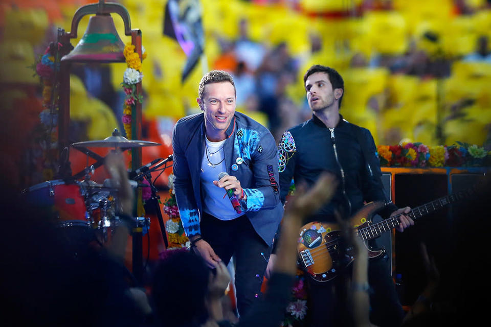 Chris Martin and Guy Berryman of Coldplay perform during the Pepsi Super Bowl 50 Halftime Show at Levi’s Stadium on February 7, 2016 in Santa Clara, California.  (Photo: Kevin C. Cox/Getty Images)