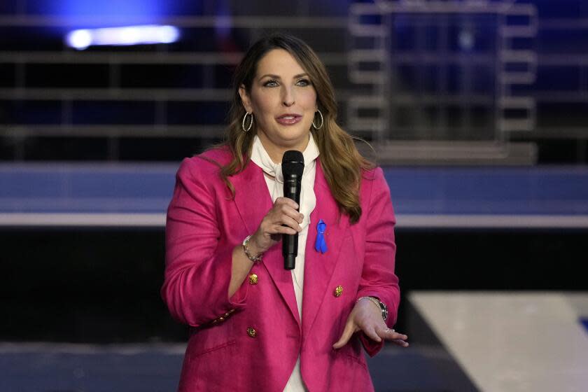 FILE - Republican National Committee chair Ronna McDaniel speaks before a Republican presidential primary debate hosted by NBC News, Nov. 8, 2023, at the Adrienne Arsht Center for the Performing Arts of Miami-Dade County in Miami. Former NBC News "Meet the Press" moderator Chuck Todd criticized his network Sunday, March 24, 2024, for hiring former Republican National Committee head McDaniel as a paid contributor, saying on the air that many NBC journalists are uncomfortable with the decision. (AP Photo/Rebecca Blackwell, File)