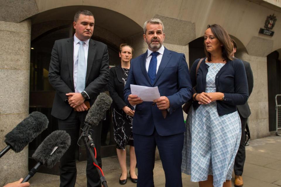 Matthew Briggs, the husband of Kim Briggs, speaks to the media outside the Old Bailey. (PA)