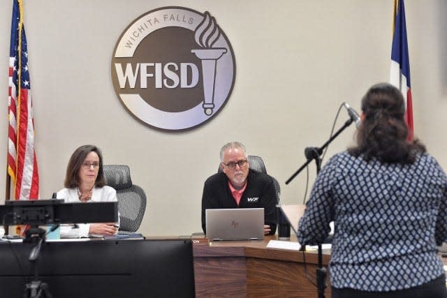 Melanie Krotzer, a former Wichita Falls ISD teacher, speaks to the School Board Friday morning before the board went into closed session to discuss a reduction in force.