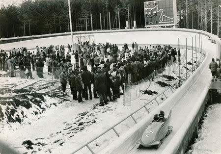 The bobsleigh team of DDR is seen on a track during the winter Olympics in Sarajevo in 1984. Oslobodjenje/via REUTERS