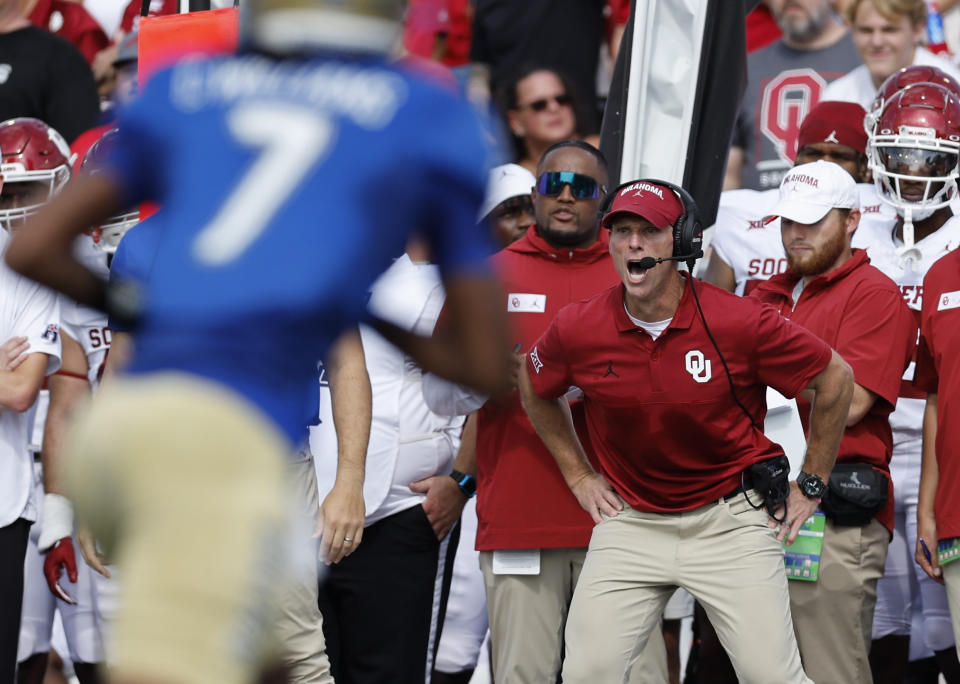 Oklahoma head coach Brent Venables watches his team play against Tulsa during the first half of an NCAA college football game Saturday, Sept. 16, 2023, in Tulsa, Okla. (AP Photo/Alonzo Adams)