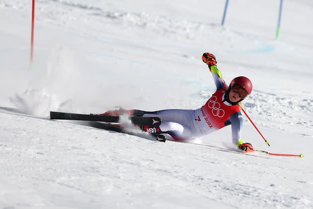 Mikaela Shiffrin falls in the women's giant slalom at the Beijing Winter Olympics. (Photo: Tom Pennington via Getty Images)
