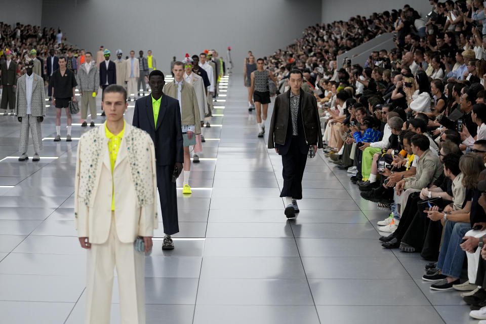 A model wears a creation for the Dior Menswear Spring/Summer 2024 fashion collection presented in Paris, Friday, June 23, 2023. (AP Photo/Michel Euler)