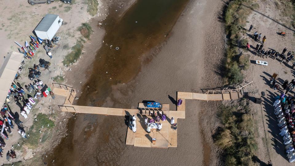 An annual Mass in memory of migrants who have died at the U.S.-Mexico border is celebrated by the Catholic clergies of El Paso, Juárez and  Las Cruces, New Mexico in the middle of the Rio Grande on Nov. 4, 2023.