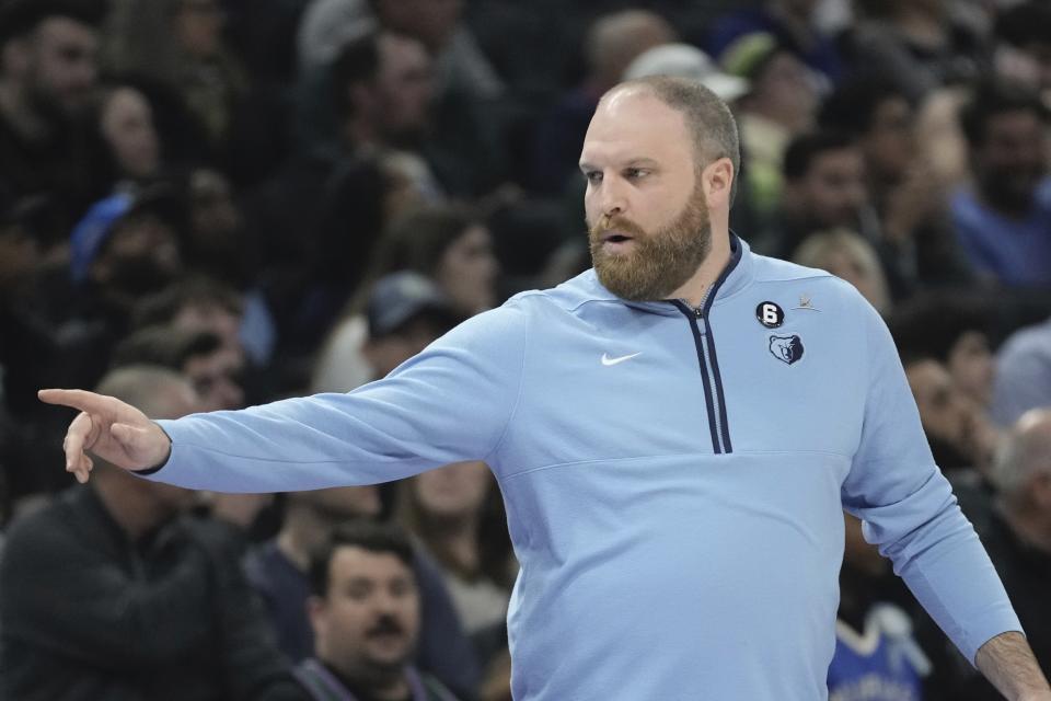 Memphis Grizzlies head coach Taylor Jenkins reacts during the first half of an NBA basketball game Friday, April 7, 2023, in Milwaukee. (AP Photo/Morry Gash)