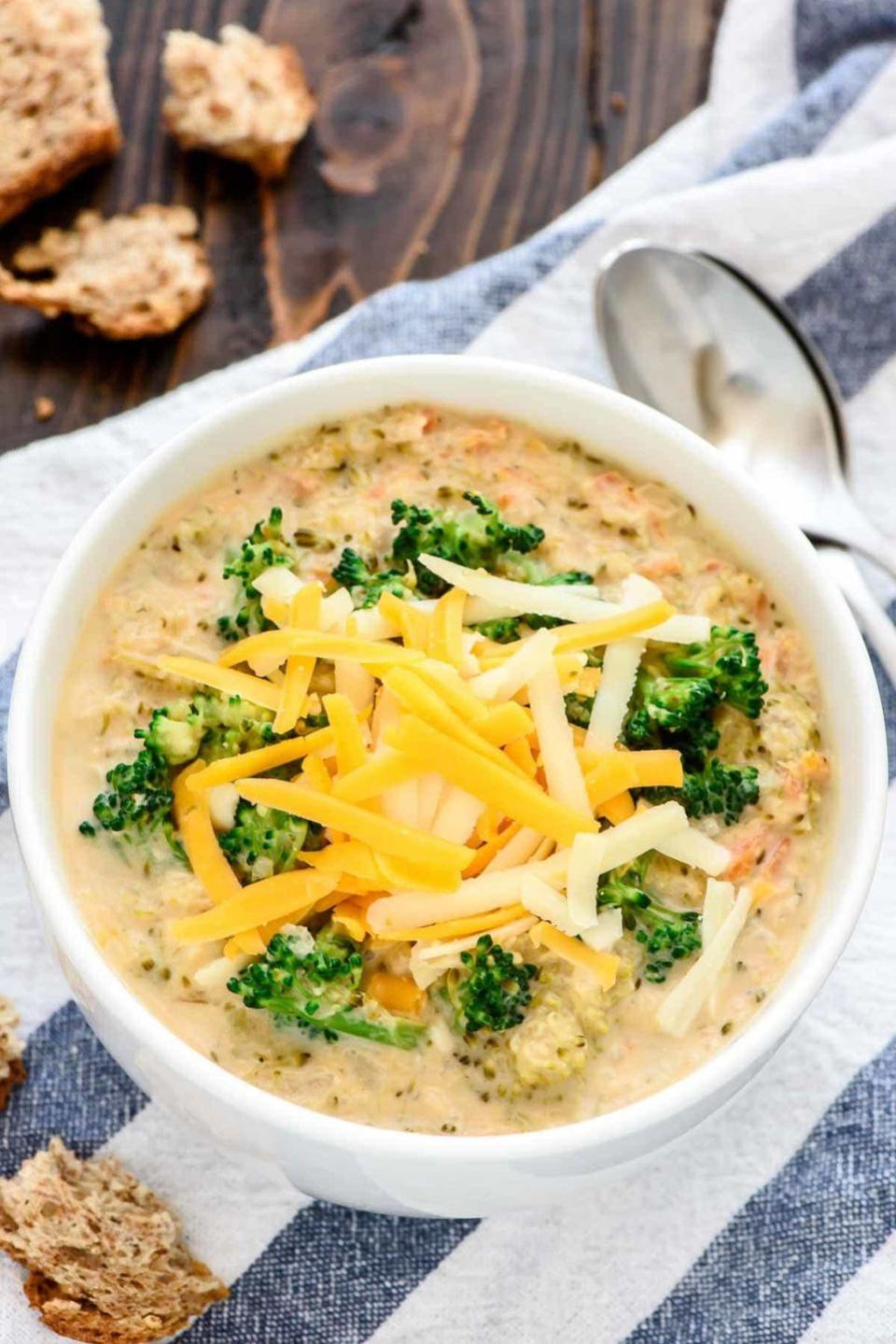 <p>Skip the canned stuff—this is just as easy to make and way healthier.</p><p>Get the recipe from <a href="http://www.wellplated.com/slow-cooker-broccoli-and-cheese-soup/" rel="nofollow noopener" target="_blank" data-ylk="slk:Well Plated;elm:context_link;itc:0;sec:content-canvas" class="link ">Well Plated</a>.</p>