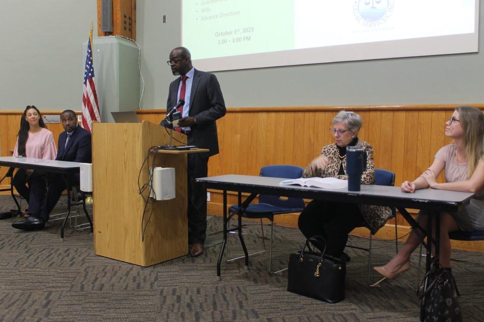 Panelists answer questions from the audience during the Elder Law Panel hosted by Elder Options at the Alachua County Library District Headquarters. From left are Genna Fasullo of The Miller Elder Law Firm, Steven McDaniels of Three Rivers Legal Services Inc., Johnnie Jones III, Elder Options caregiver support coordinator, Marilyn Belo of The Law Office of Marilyn Belo and Sara Dicks of The Toney Law Firm.
(Credit: Photo by Voleer Thomas, Correspondent)