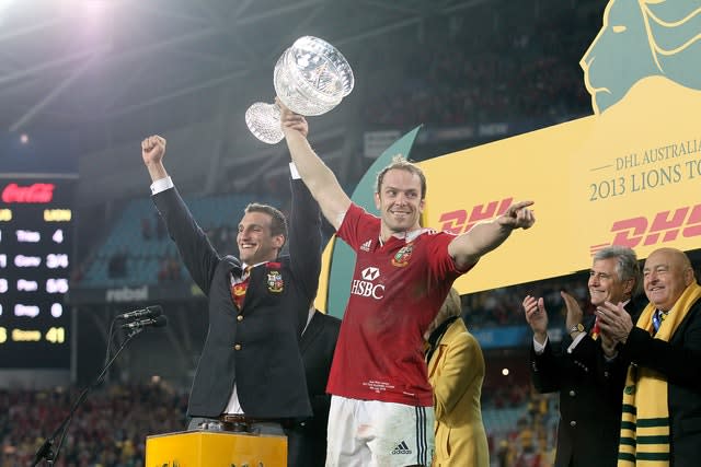 Sam Warburton, left, and Alun Wyn Jones lift the trophy after the British and Irish Lions' series win over Australia in 2013 