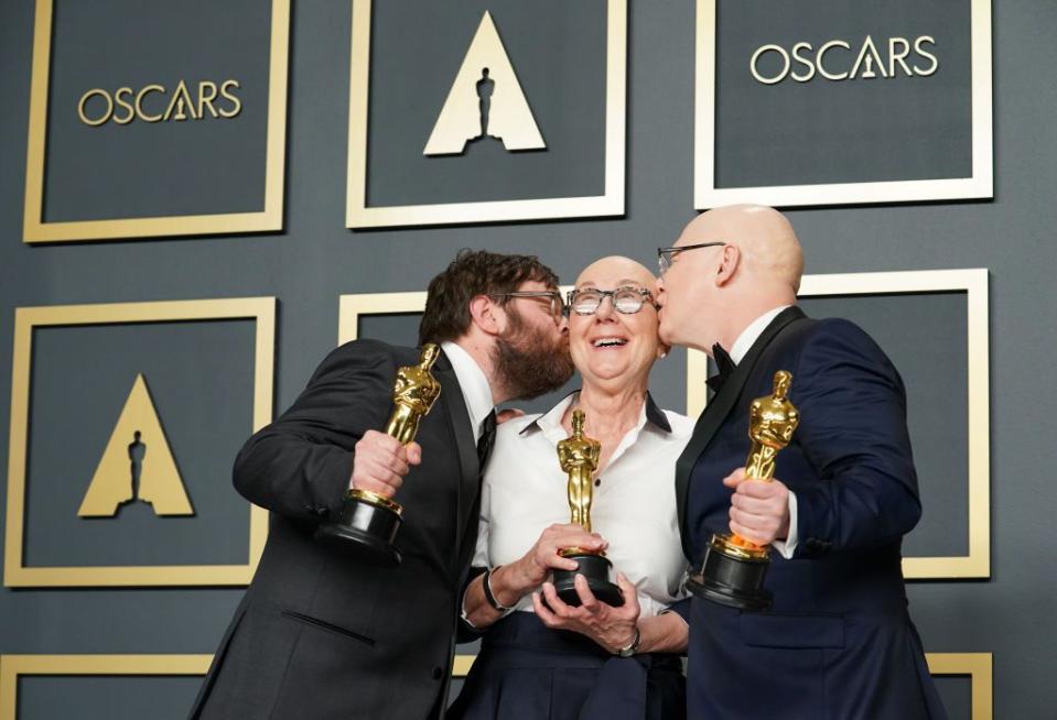 HOLLYWOOD, CALIFORNIA - FEBRUARY 09: Jeff Reichert, Julia Reichert and Steven Bognar winners of the Documentary Feature award for “American Factory,” pose in the press room during the 92nd Annual Academy Awards at Hollywood and Highland on February 09, 2020 in Hollywood, California. (Photo by Rachel Luna/Getty Images)