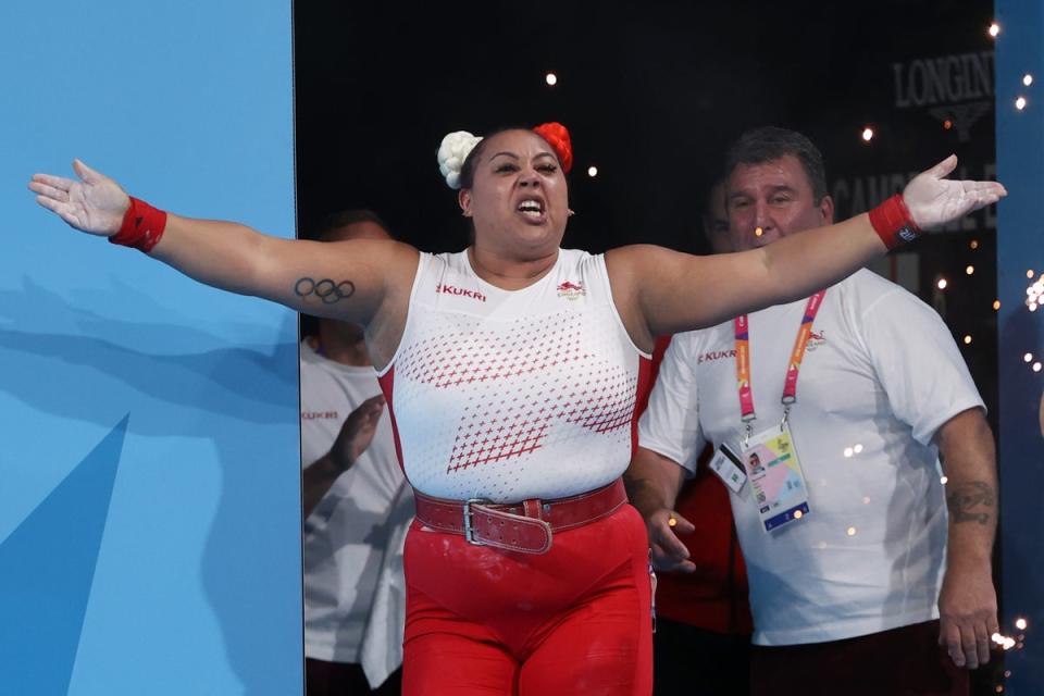 3 August 2022: England’s Emily Campbell celebrates after winning gold in the women’s 87+kg weightlifting at the Commonwealth Games (Getty)