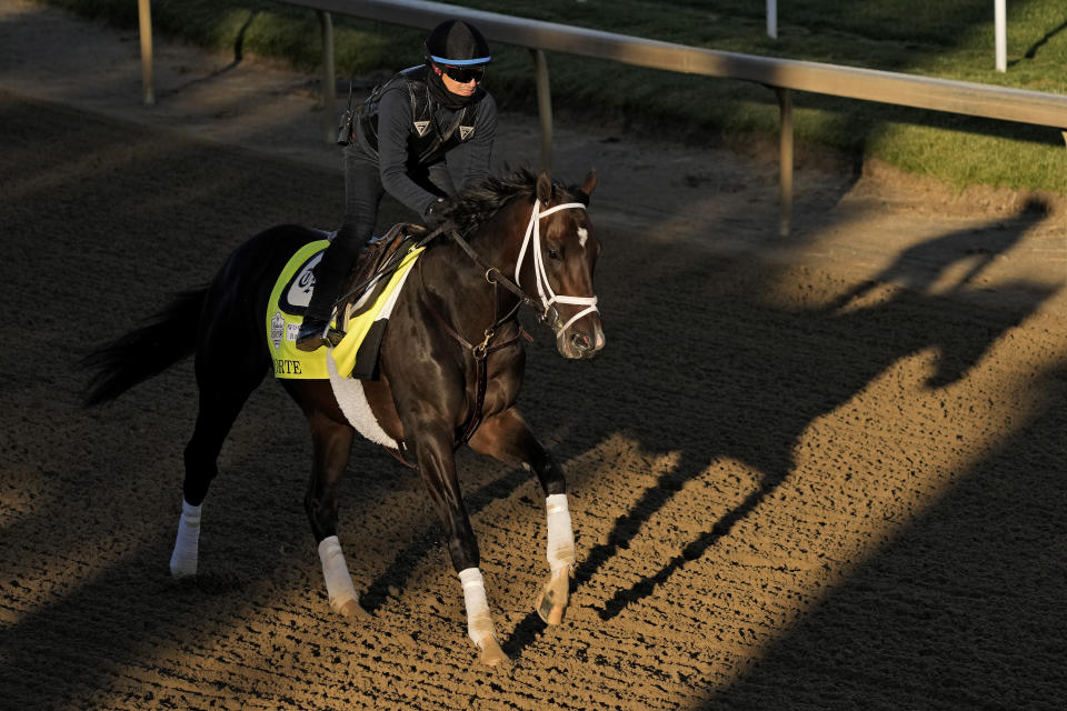 Kentucky Derby hopeful Forte works out at Churchill Downs Wednesday, May 3, 2023, in Louisville, Ky. The 149th running of the Kentucky Derby is scheduled for Saturday, May 6. (AP Photo/Charlie Riedel)