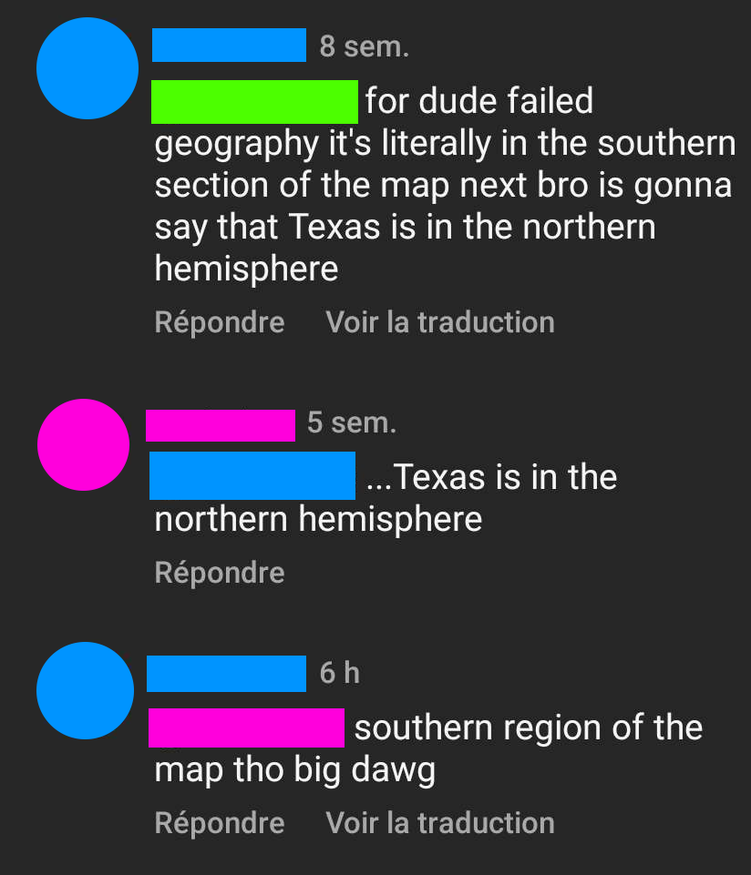 Text messages debating Texas' location with green, pink, and blue speech bubbles, with translation options