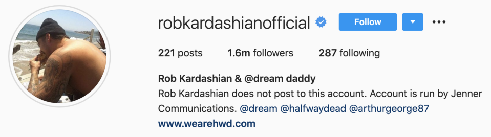 Rob Kardashian, Instagram profile, July 2020