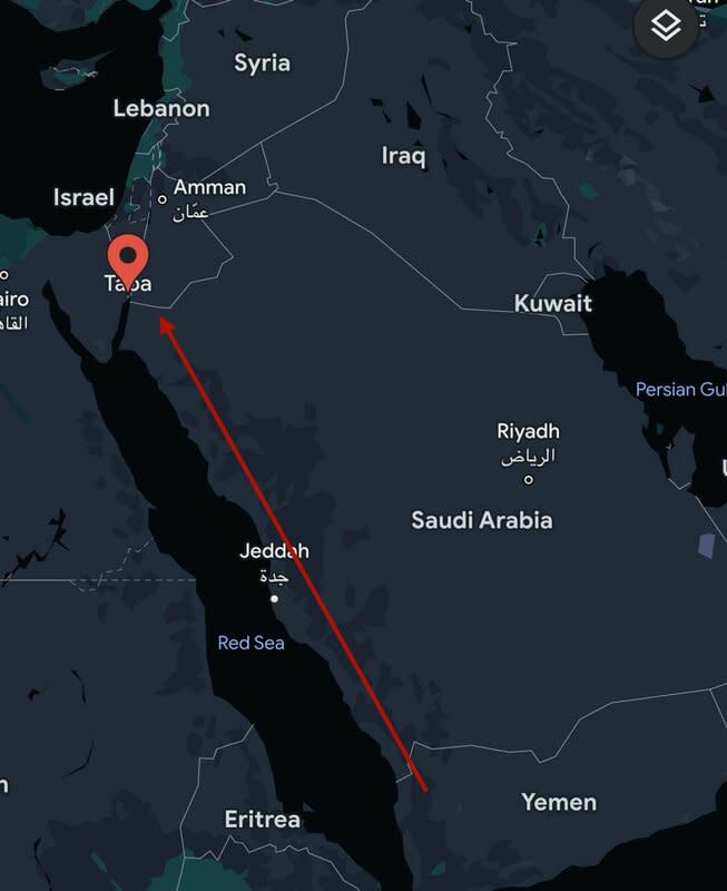 考慮到塔巴位於紅海的位置，發射飛彈的勢力很可能是葉門的胡塞武裝。   圖：翻攝自 OSINTdefender X（前推特）帳號