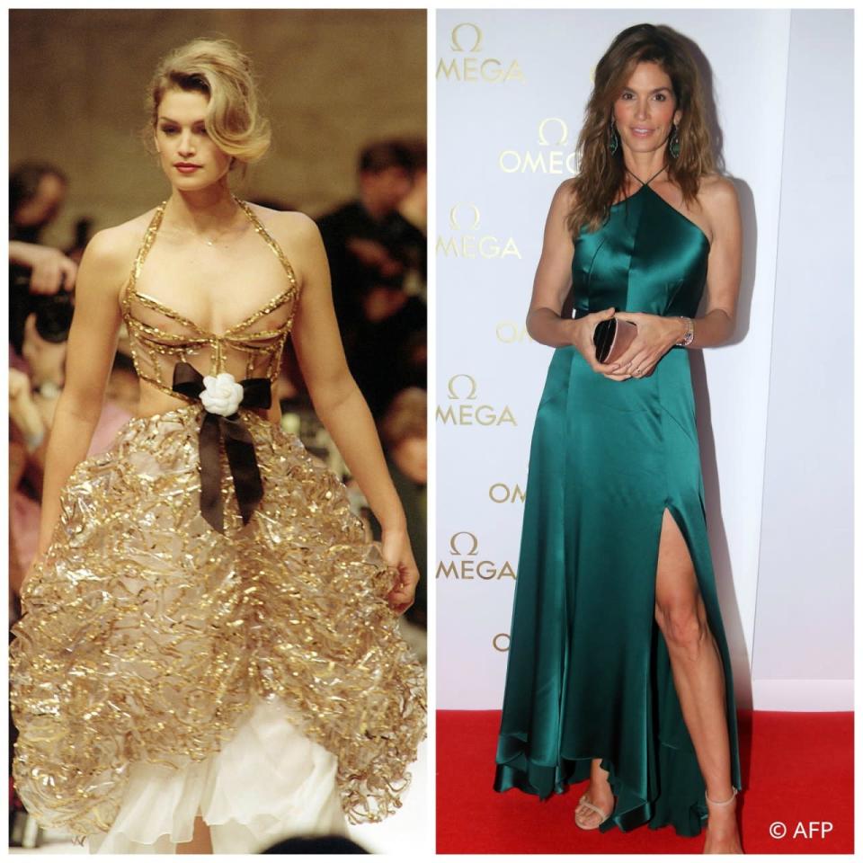 Then and now: (Left) Photo dated 26 January 1993, shows Cindy Crawford in a transparent plastic layered dress over ivory georgette, designed by Karl Lagerfeld, during the 1993 Spring-Summer Haute Couture collection by Chanel.