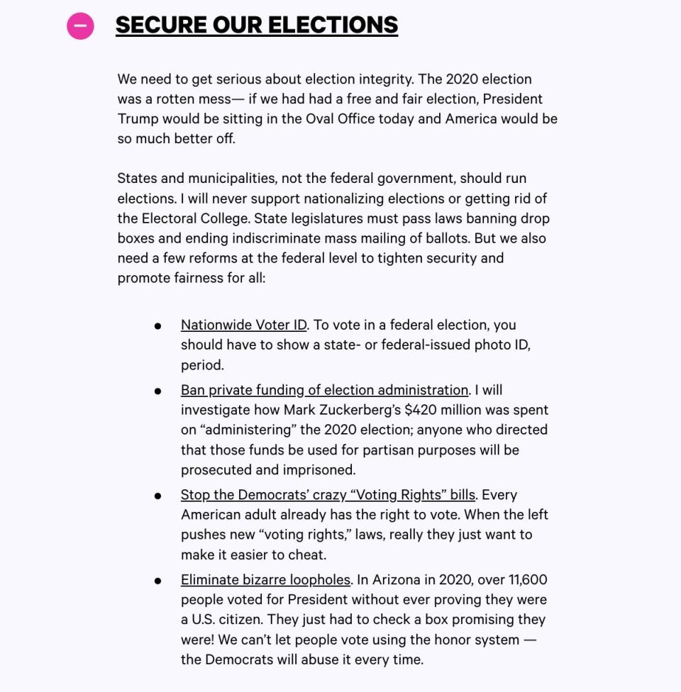 Screenshot of text from Blake Masters' campaign website.