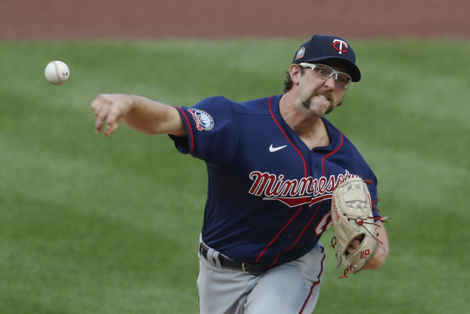 Minnesota Twins starter Randy Dobnak pitches against the Pittsburgh Pirates in the first inning of a baseball game, Wednesday, Aug. 5, 2020, in Pittsburgh. (AP Photo/Keith Srakocic)