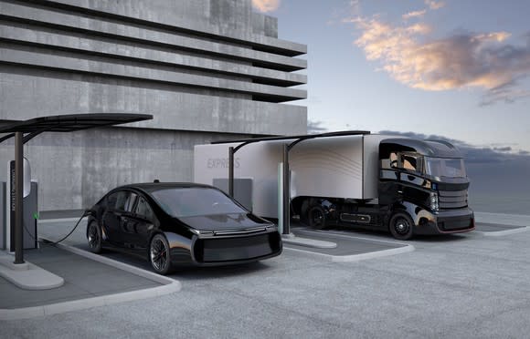 Electric vehicles charging next to a building.