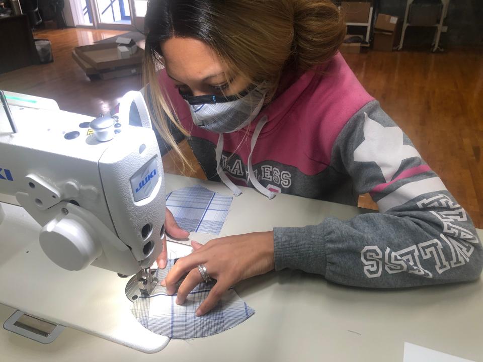 Laiisha Biddle, a skilled maker at Kitsbow Cycling Apparel, works on a face mask. The Old Fort-based company switched temporarily from manufacturing bike apparel to PPE in 2020 during the coronavirus pandemic.
(Photo: Courtesy of Kitsbow)