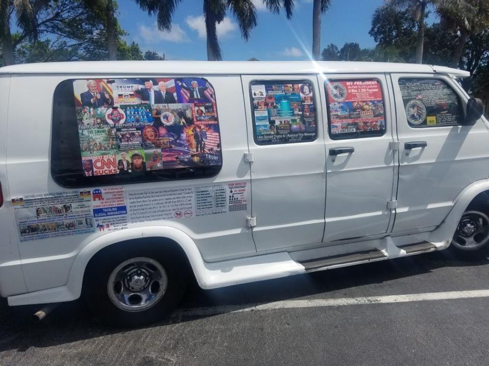 Cesar Sayoc's van is seen covered in political stickers supporting Donald Trump and opposing the president's critics.