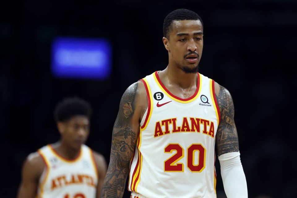 Atlanta Hawks’ John Collins plays against the Boston Celtics in the first round of the NBA basketball playoffs, Saturday, April 15, 2023, in Boston. | Michael Dwyer, Associated Press