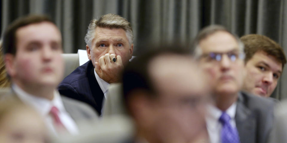 Mark Harris listens to the public evidentiary hearing on the 9th Congressional District investigation Monday, Feb. 18, 2019, at the North Carolina State Bar in Raleigh, N.C. (Juli Leonard/The News & Observer via AP, Pool)