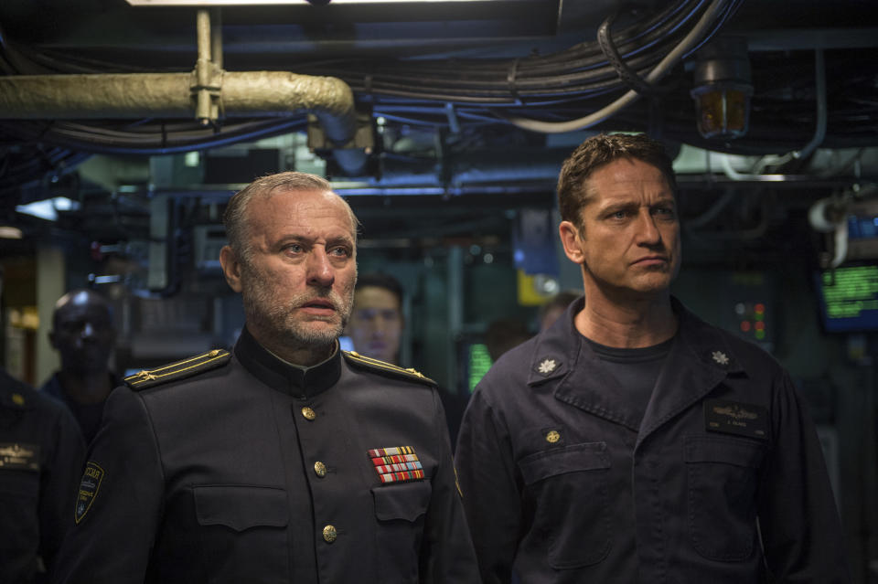 This image released by Lionsgate shows Michael Nyqvist, left, and Gerard Butler in a scene from "Hunter Killer." (Jack English/Lionsgate via AP)