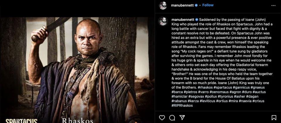 Ioane ‘John’ King’s ‘Spartacus’ co-star Manu Bennett paid tribute to the actor (Instagram)
