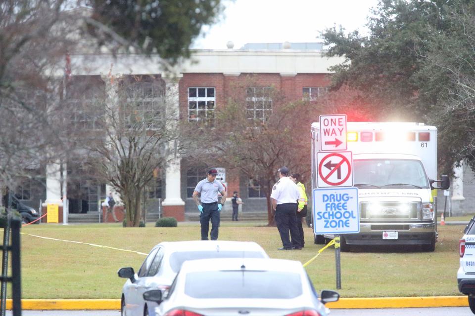 Police from agencies all around the area as well as EMTs are stationed outside of Savannah High on Wednesday November 30, 2022  during a lockdown due to rumors of a mass shooting.