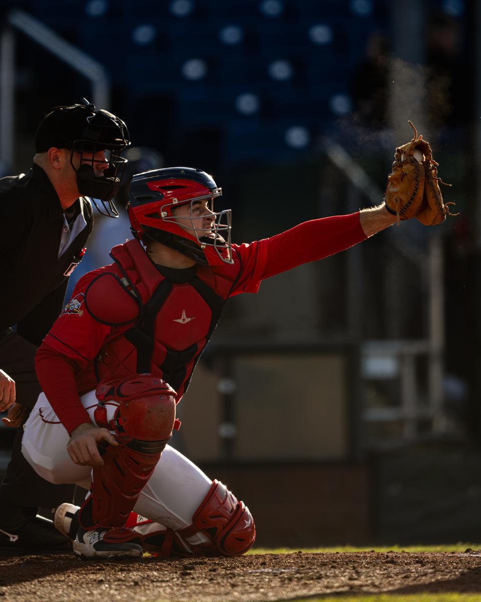 Sea Dogs catcher Kyle Teel squeezes the glove during a game at Hadlock Field.