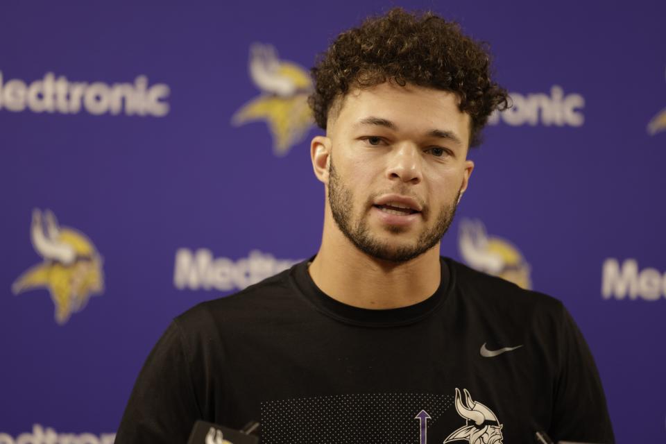 Minnesota Vikings quarterback Jaren Hall answers questions during a press conference after an NFL football game against the Green Bay Packers, Sunday, Oct. 29, 2023, in Green Bay, Wis. The Vikings won 24-10. | Matt Ludtke, Associated Press