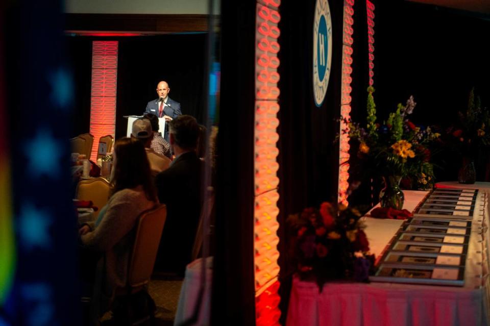 Paul Maxwell, Vice President and Senior Communications Officer for Hancock Whitney, introduces award winners during the 2024 Leo W. Seal Innovative Teacher Grants Awards Luncheon at the Great Southern Club in Gulfport on Friday, Jan. 26, 2024.