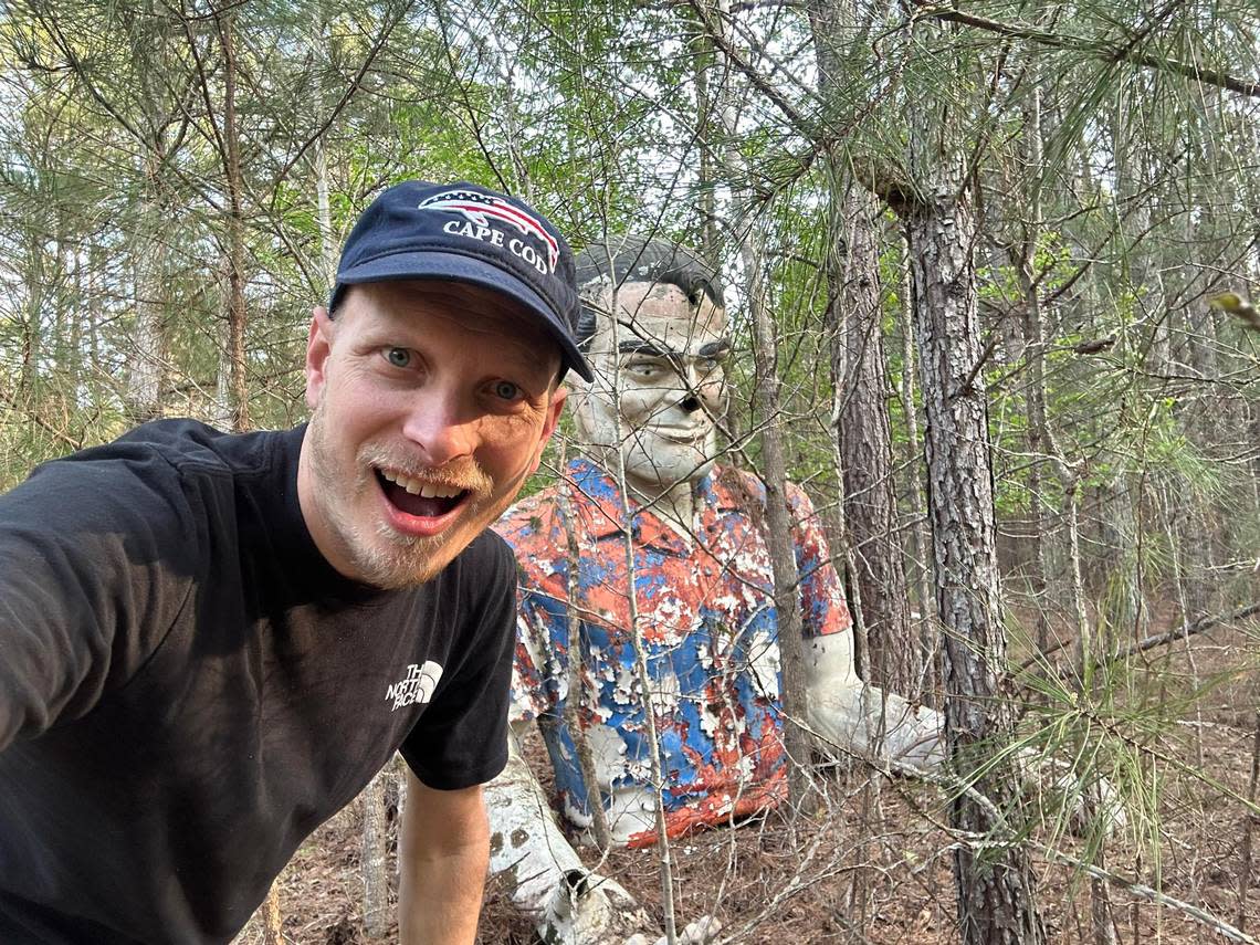 Joel Baker, founder of The American Giant Museum, discovers long-lost Macon landmark in Jones County woods on March 14, 2024.