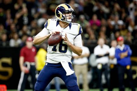 Nov 27, 2016; New Orleans, LA, USA; Los Angeles Rams quarterback Jared Goff (16) drops back to pass against the New Orleans Saints during the third quarter of a game at the Mercedes-Benz Superdome. Mandatory Credit: Derick E. Hingle-USA TODAY Sports