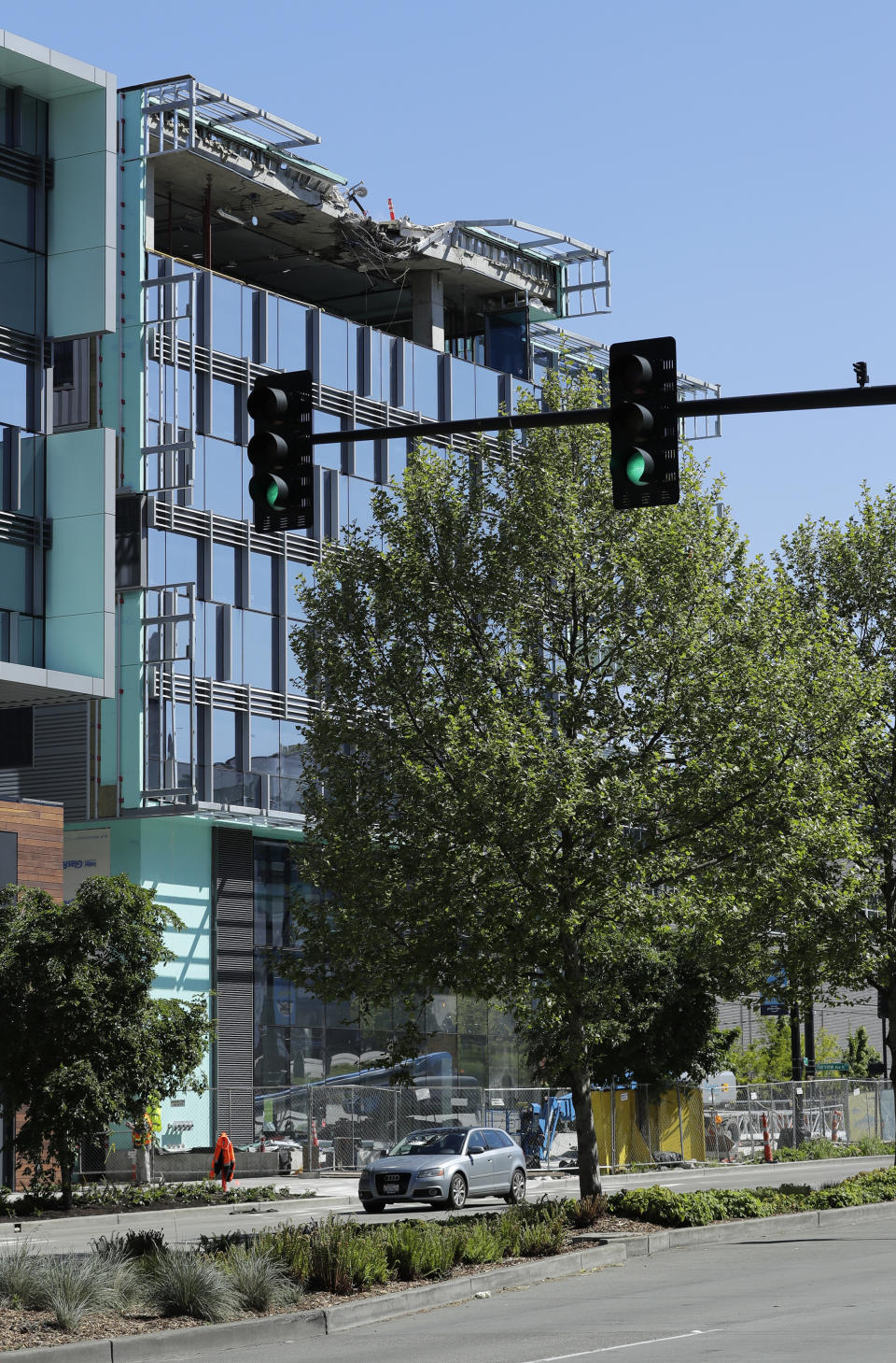 Damage to a building that was under construction when a crane collapsed on it Saturday in Seattle is shown, Monday, April 29, 2019, in Seattle. The accident killed four people. (AP Photo/Ted S. Warren)