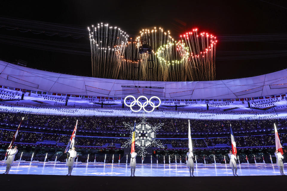 BEIJING, CHINA - FEBRUARY 20: A firework display is seen inside the stadium alongside the Olympic rings during the Beijing 2022 Winter Olympics Closing Ceremony on Day 16 of the Beijing 2022 Winter Olympics at Beijing National Stadium on February 20, 2022 in Beijing, China. (Photo by Maja Hitij/Getty Images)