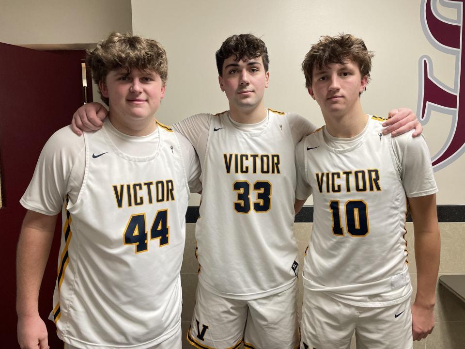 Victor's Brody Burgess, left, Nick Leonard, center, and Colin Kubrich after playing in the sixth annual Centercourt Classic in Kenmore on Saturday, Feb. 3, 2024.