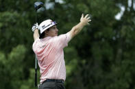 Joel Dahmen reacts to his tee shot on the ninth hole during the second round of the World Golf Championship-FedEx St. Jude Invitational Friday, July 31, 2020, in Memphis, Tenn. (AP Photo/Mark Humphrey)